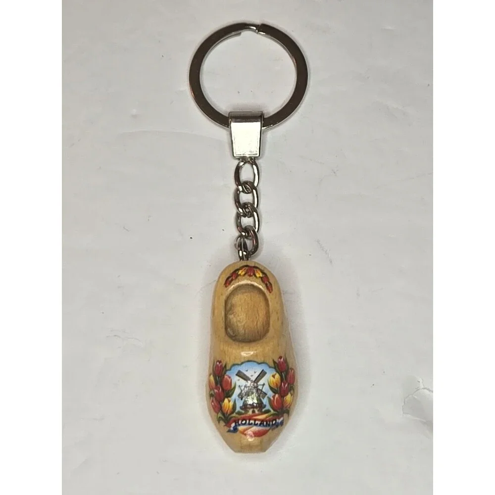 Varnished Tulip Wooden Shoe Keychain Windmill Holland